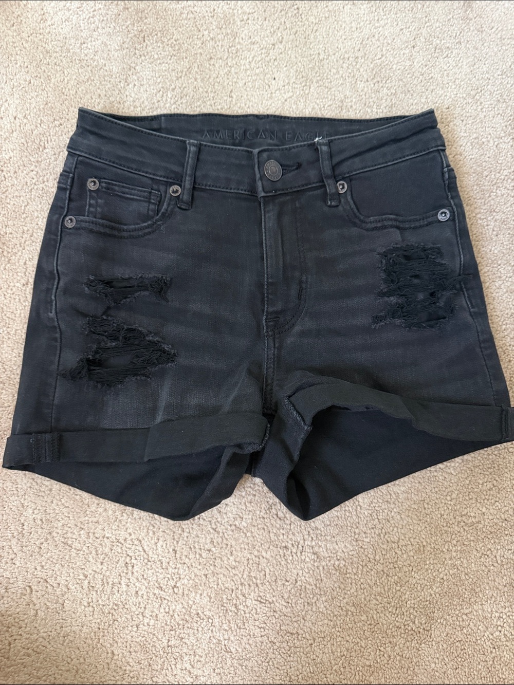 American Eagle Outfitters Black Distressed Rolled Hem Jean Shorts